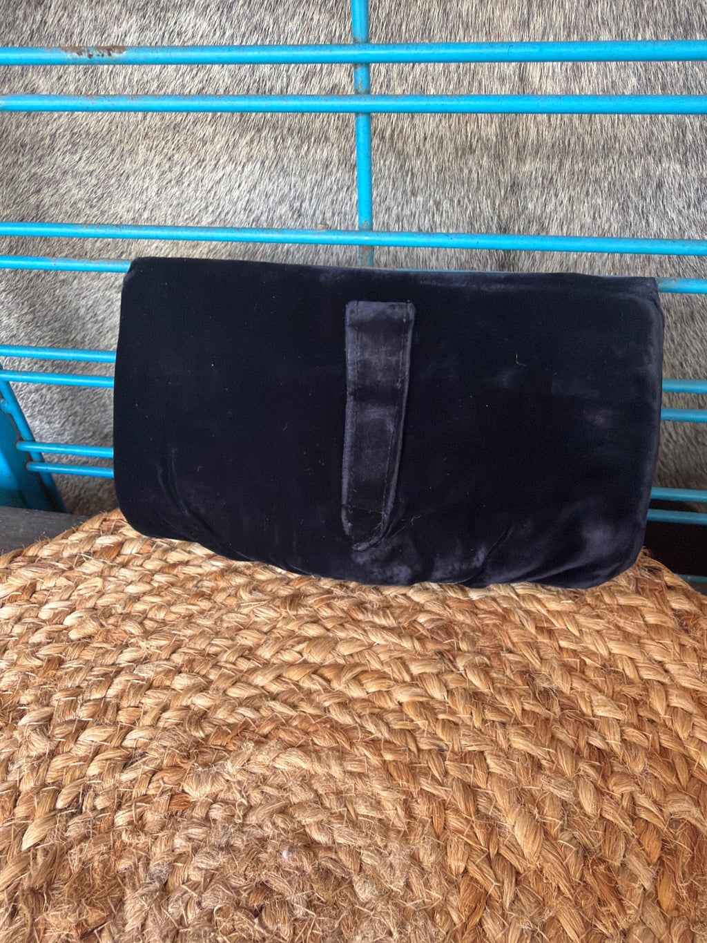 Vintage Garay Black Velvet Clutch with Gold Rhinestone Swan Clasp