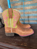 Ariat Girls Brown Leather Western Cowboy Boots with Green and Pink Embroidery,