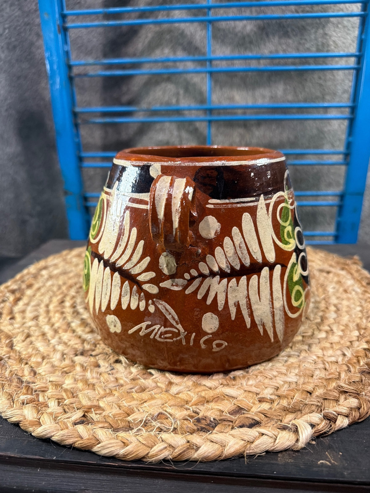 Vintage Mexican Hand-Painted Ceramic Pottery Vase with Handles