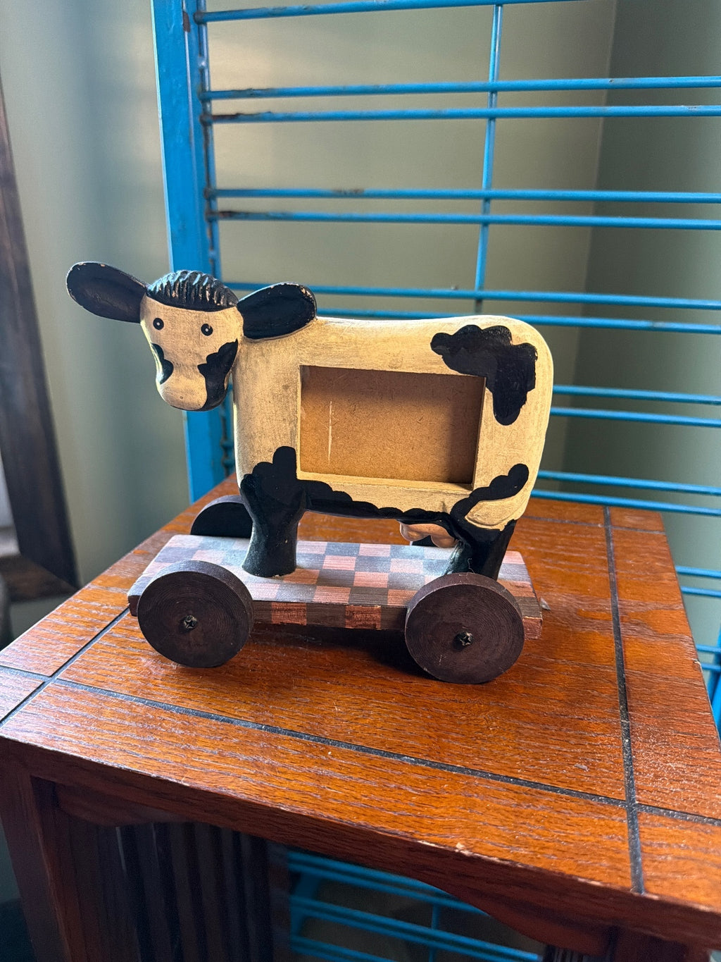 Handcrafted Wooden Cow Pull frame with Checkerboard Base