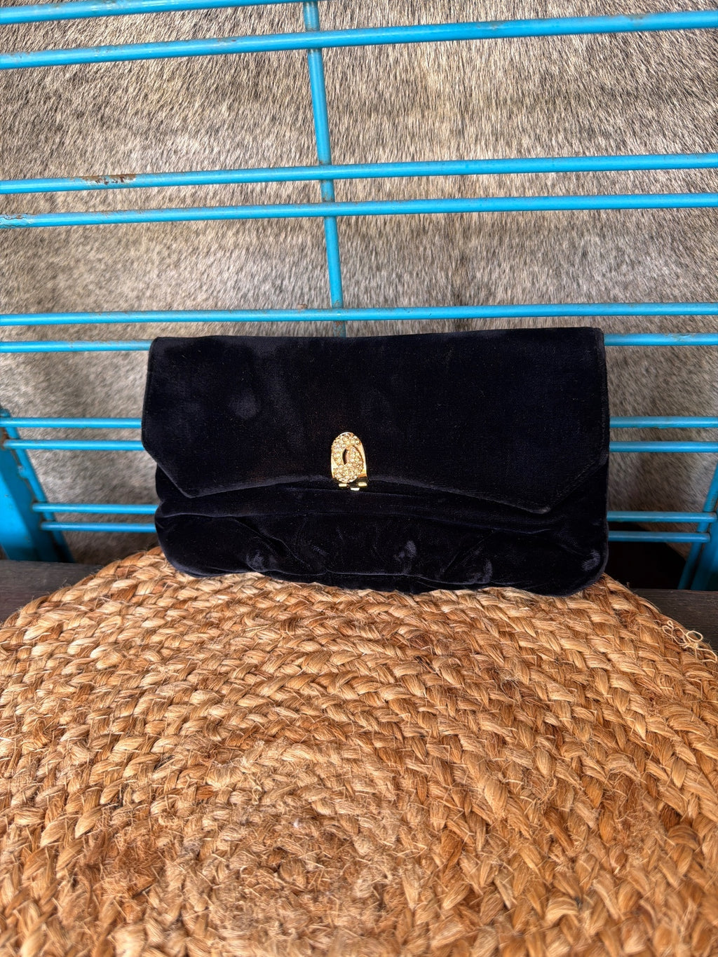 Vintage Garay Black Velvet Clutch with Gold Rhinestone Swan Clasp
