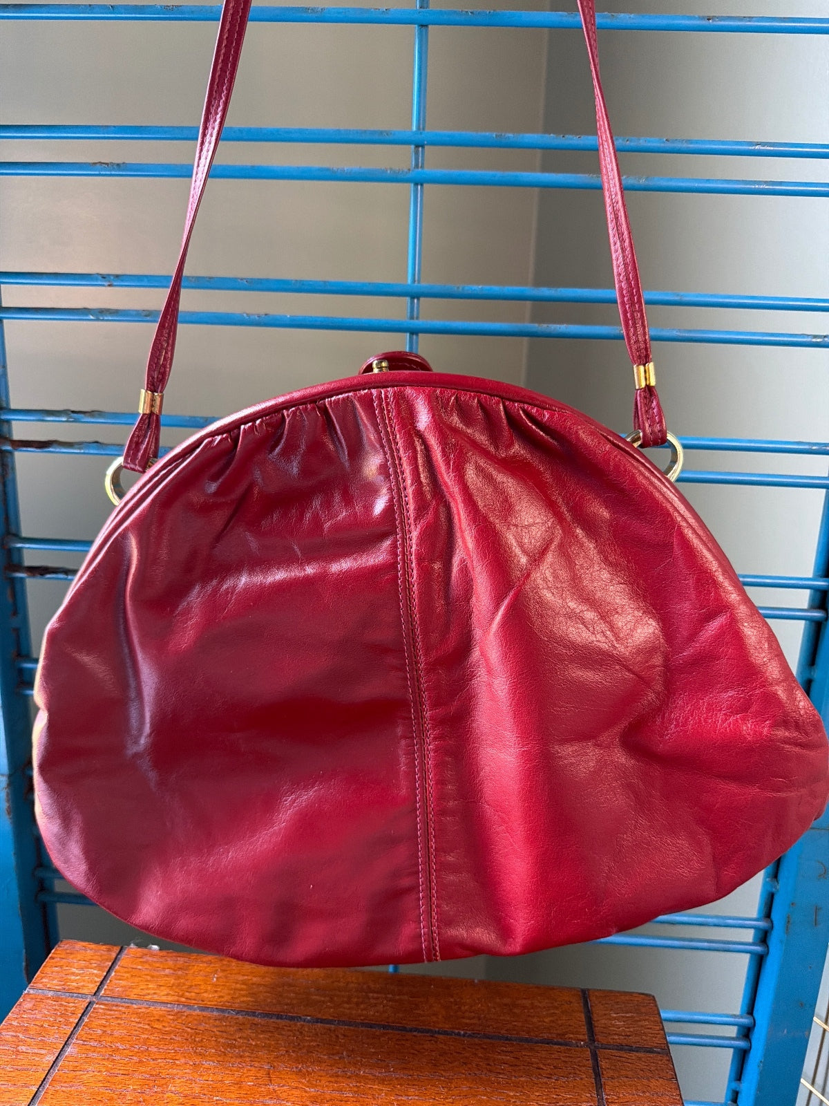 Vintage Red Leather Shoulder Bag with Snap Closure