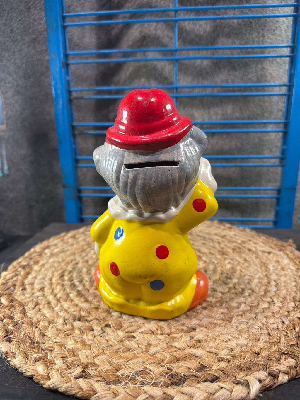 Vintage Ceramic Clown Coin Bank with Red Hat and Yellow Outfit
