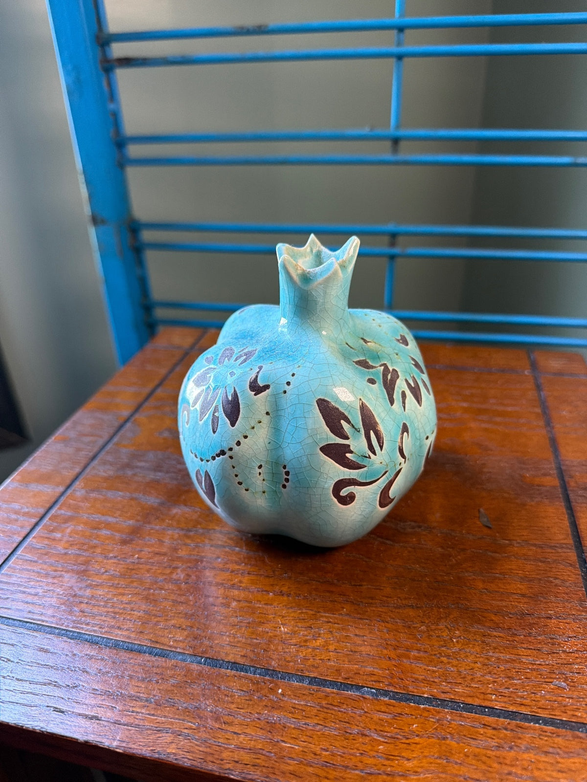 Turquoise Ceramic Pomegranate Art Vase with Brown Floral Design