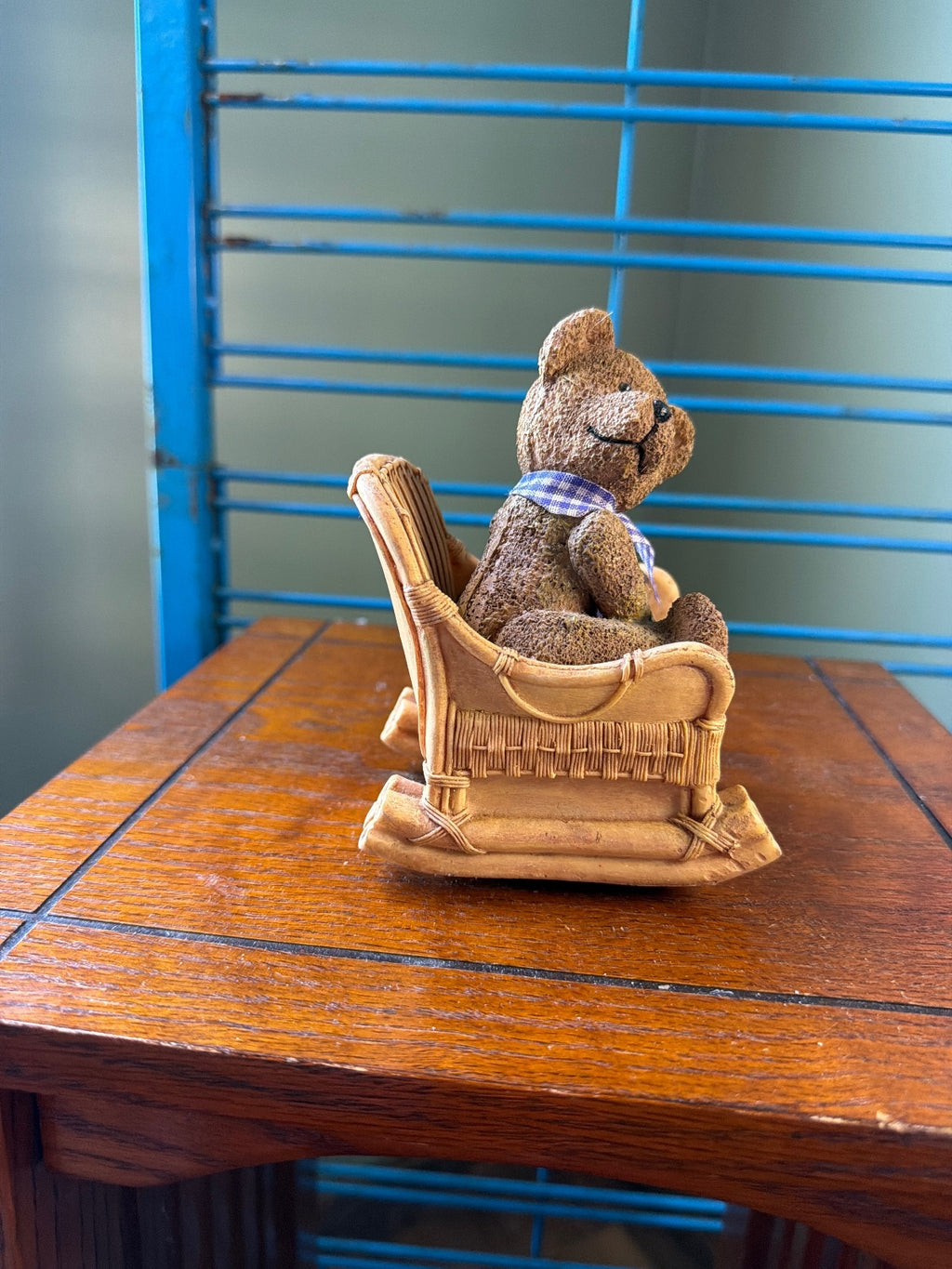 Vintage Style Bear Figurine in Wicker Rocking Chair with Wind-Up Base