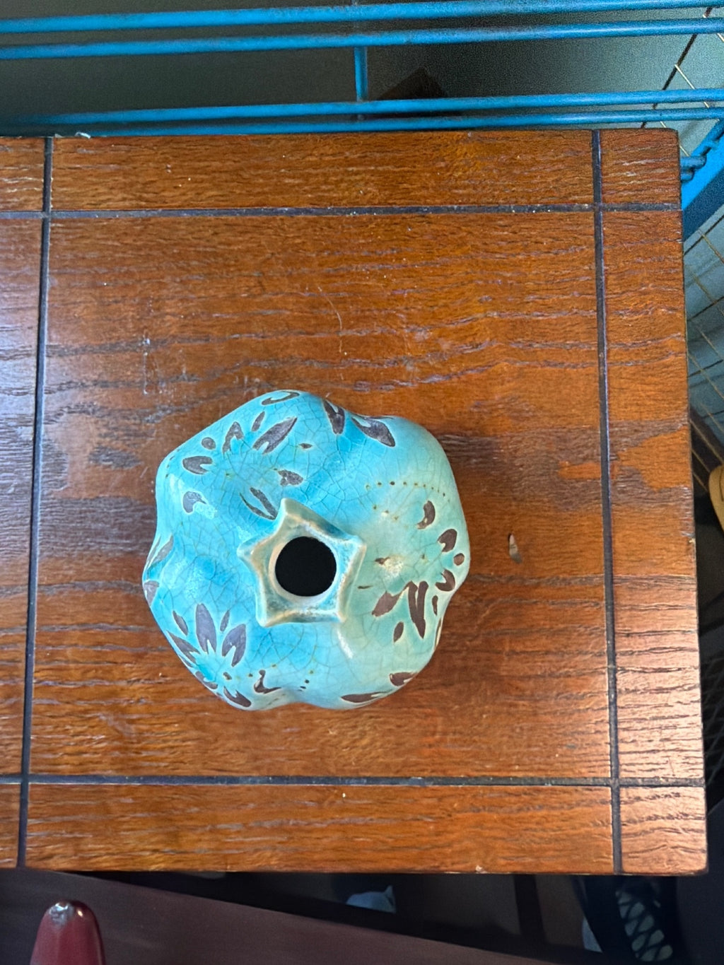 Turquoise Ceramic Pomegranate Art Vase with Brown Floral Design