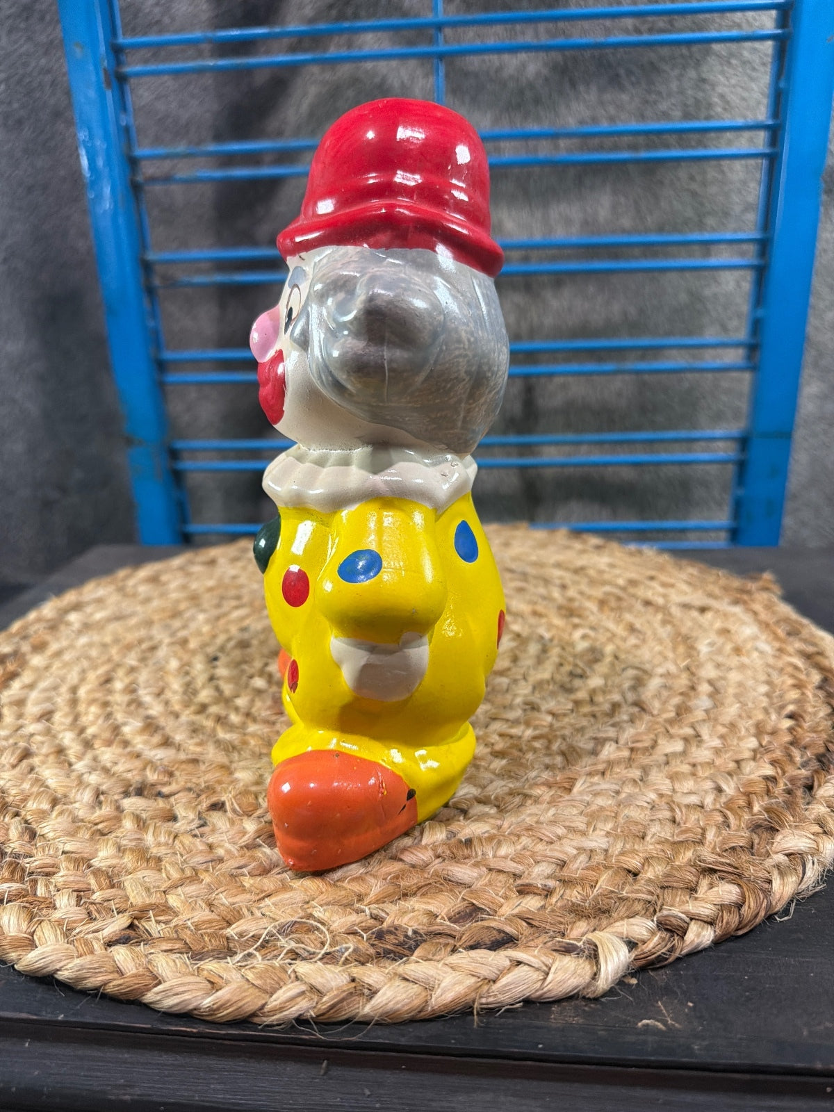 Vintage Ceramic Clown Coin Bank with Red Hat and Yellow Outfit