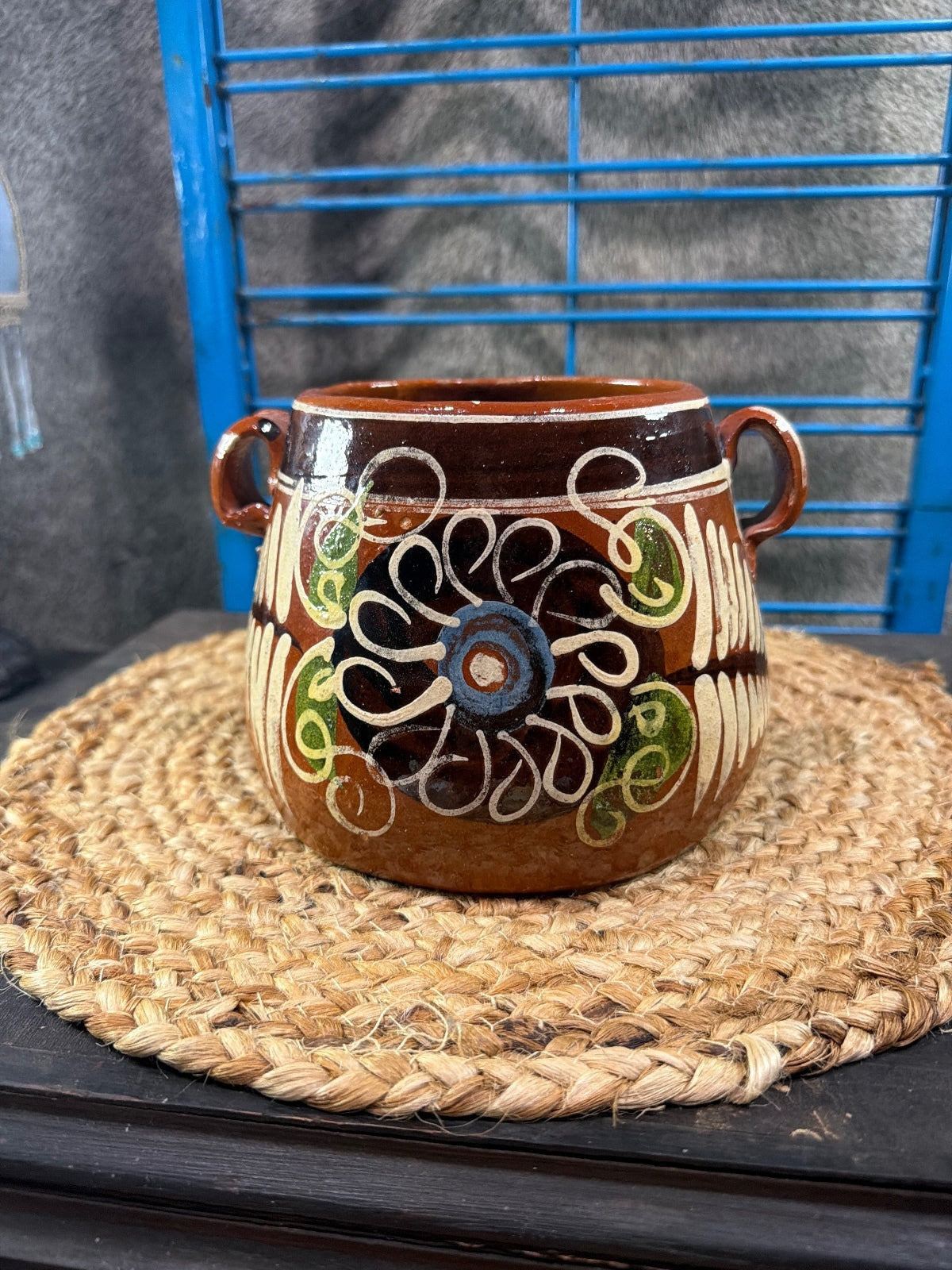 Vintage Mexican Hand-Painted Ceramic Pottery Vase with Handles