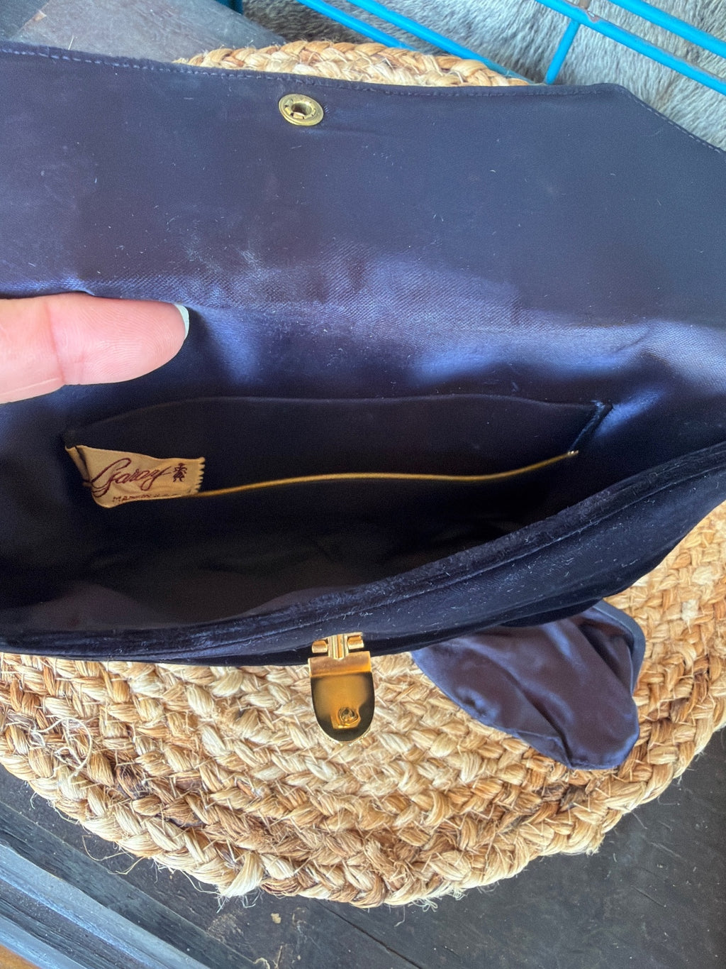 Vintage Garay Black Velvet Clutch with Gold Rhinestone Swan Clasp
