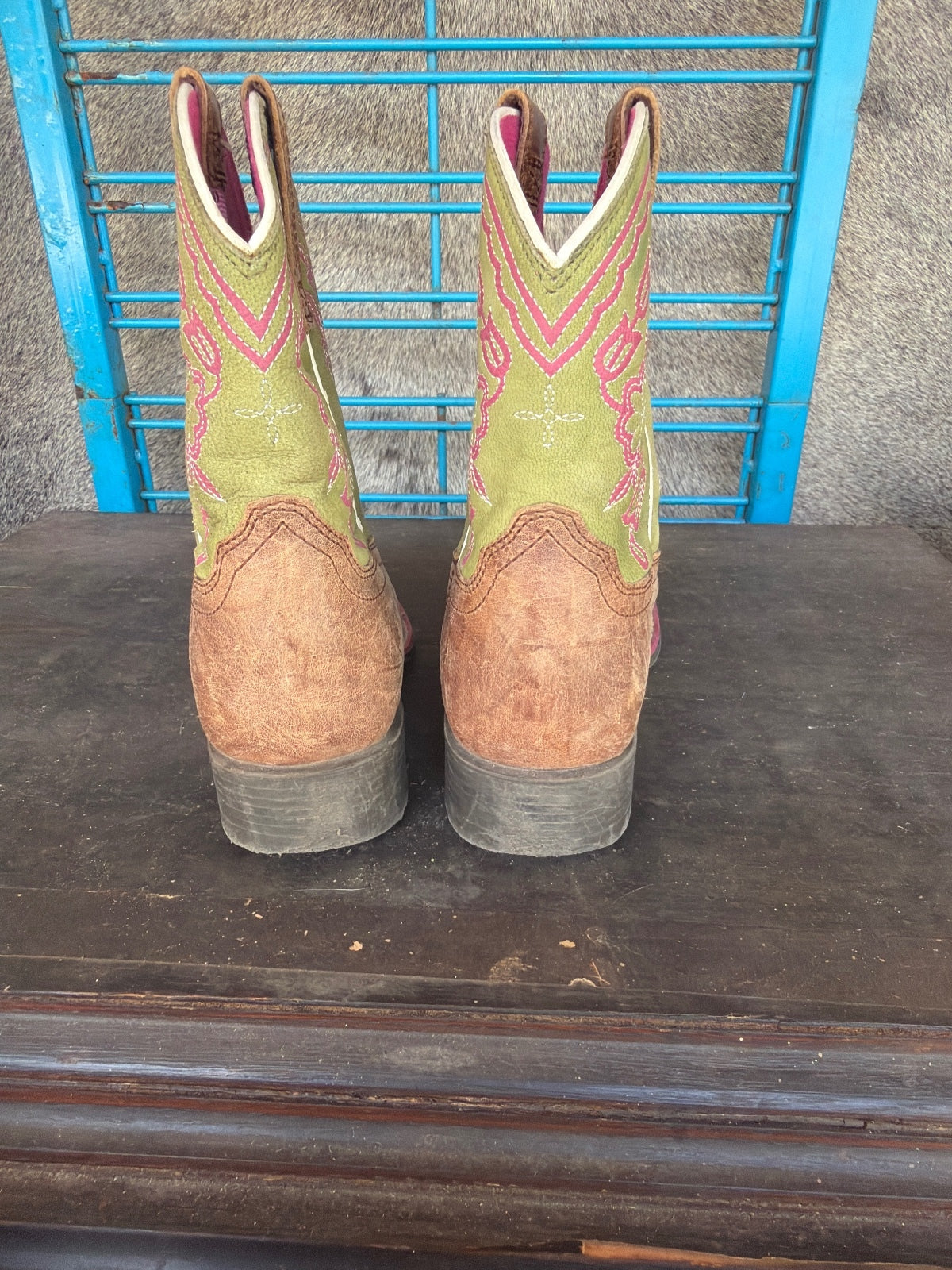 Ariat Girls Brown Leather Western Cowboy Boots with Green and Pink Embroidery,