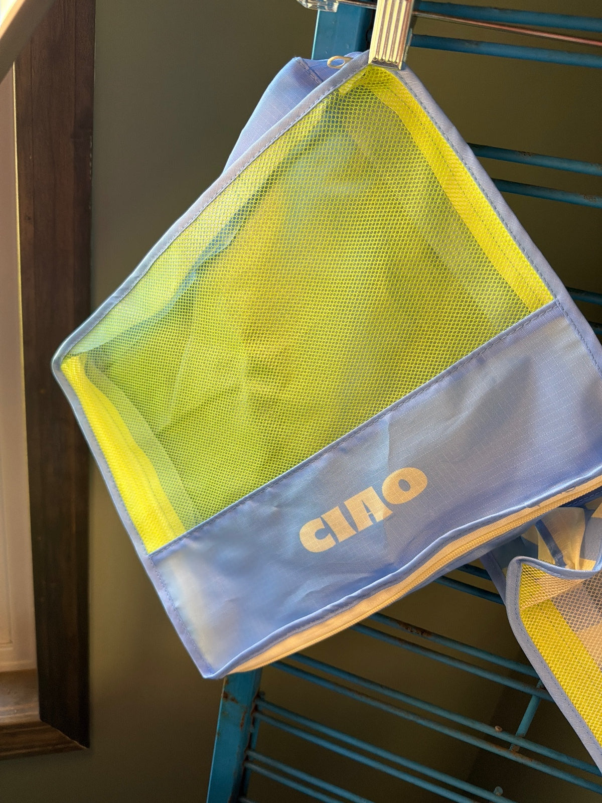 Set of 2 Blue and Yellow Mesh Travel Packing Cubes with 'Ciao' and 'Bon Voyage'