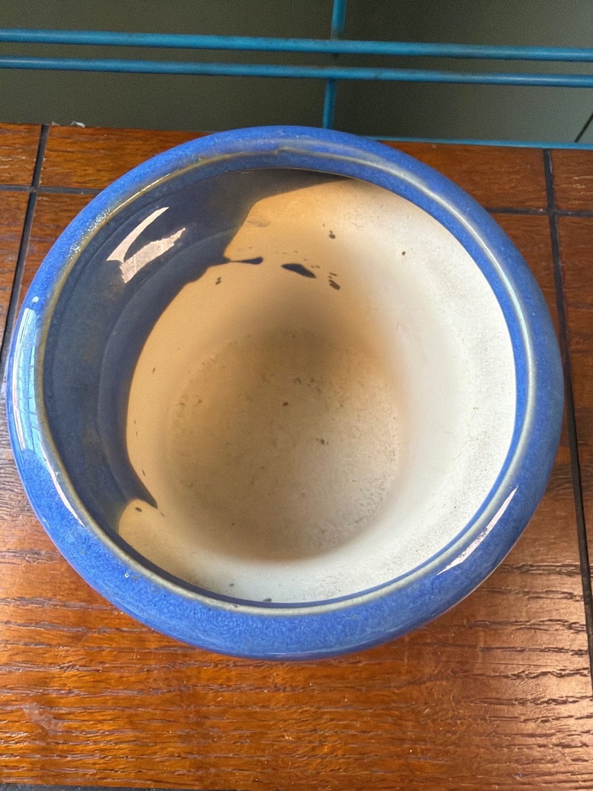 Vintage Ceramic Flower Pot with Blue Glazed Rim