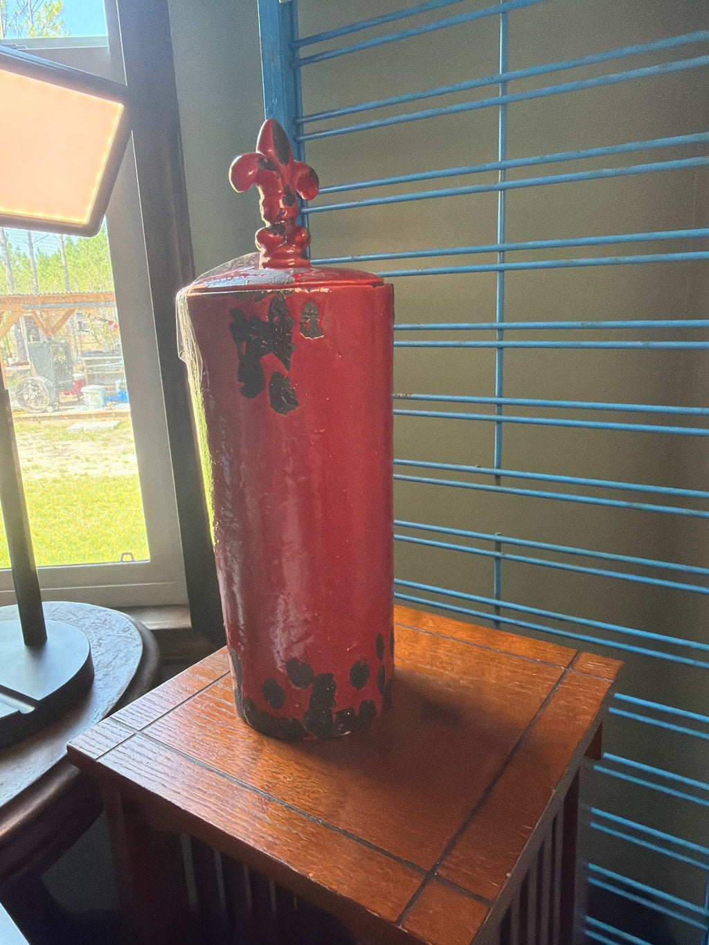 Tall Red Ceramic Decorative Jar with Fleur-de-lis Lid