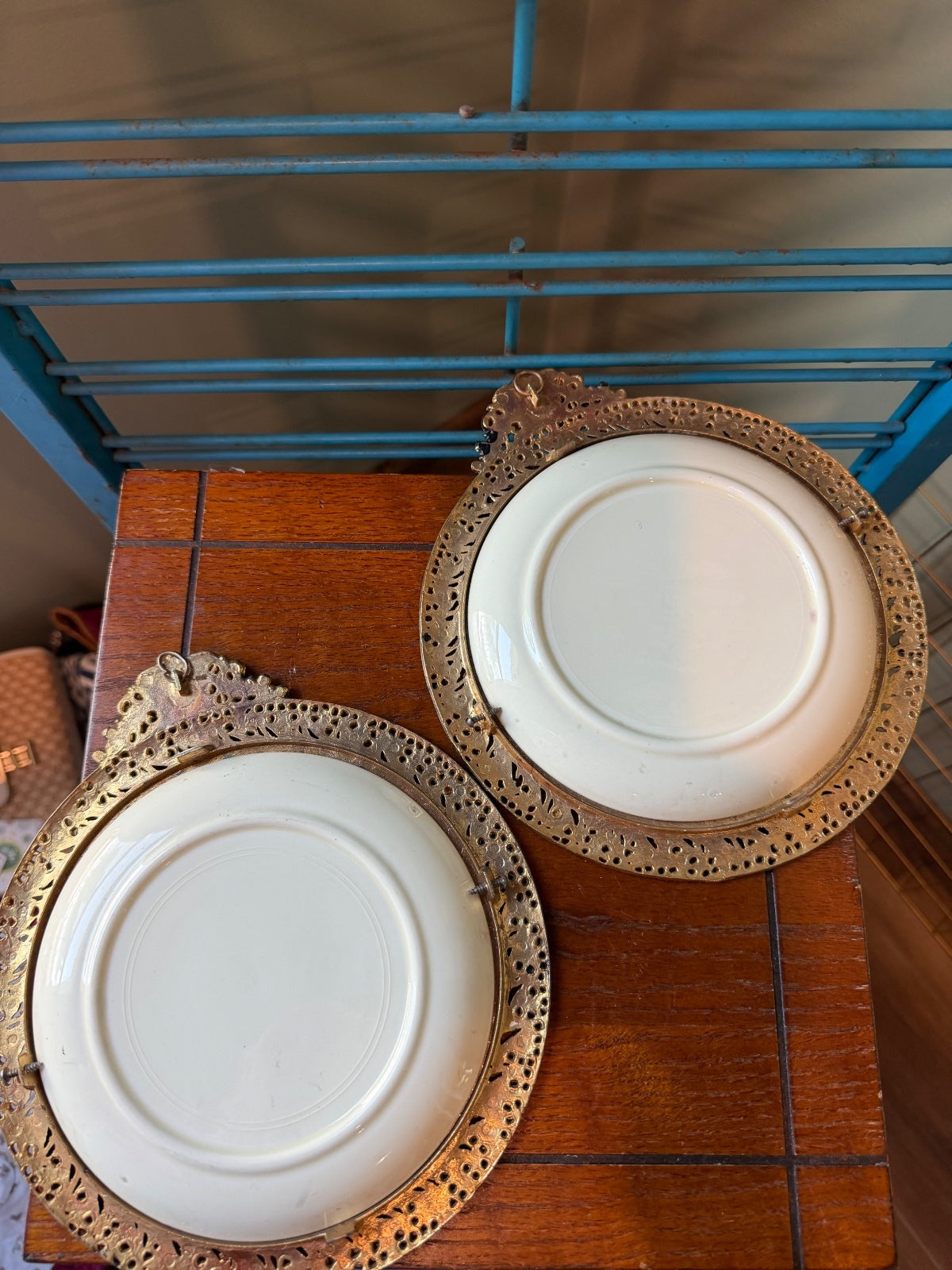 Pair of Vintage Religious Wall Plates with Ornate Metal Frames