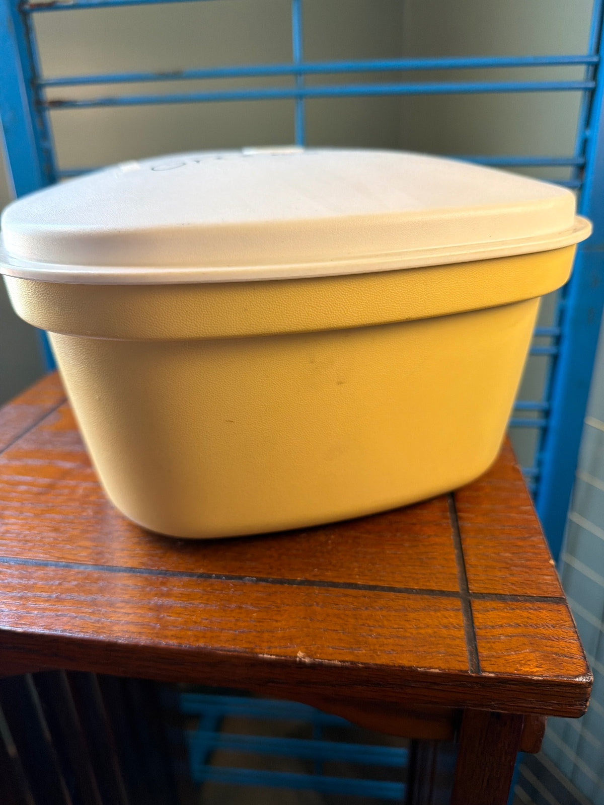 Vintage Tupperware Yellow and Cream Square Container with Lid and Colander