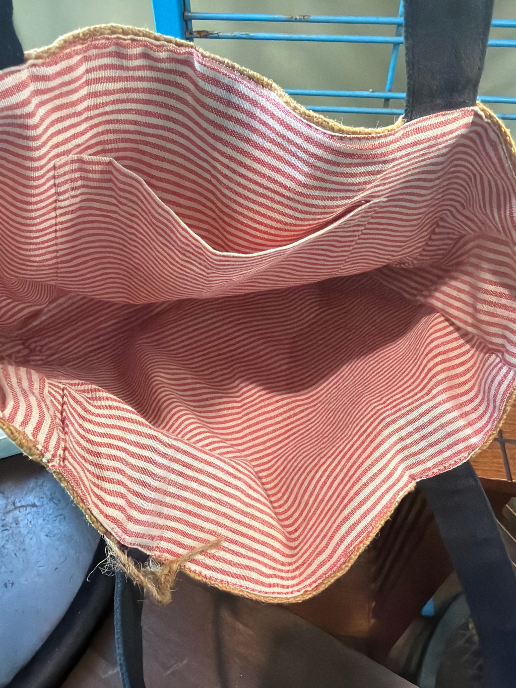 Vintage Style Burlap Tote Bag with Black Handles and Striped Interior