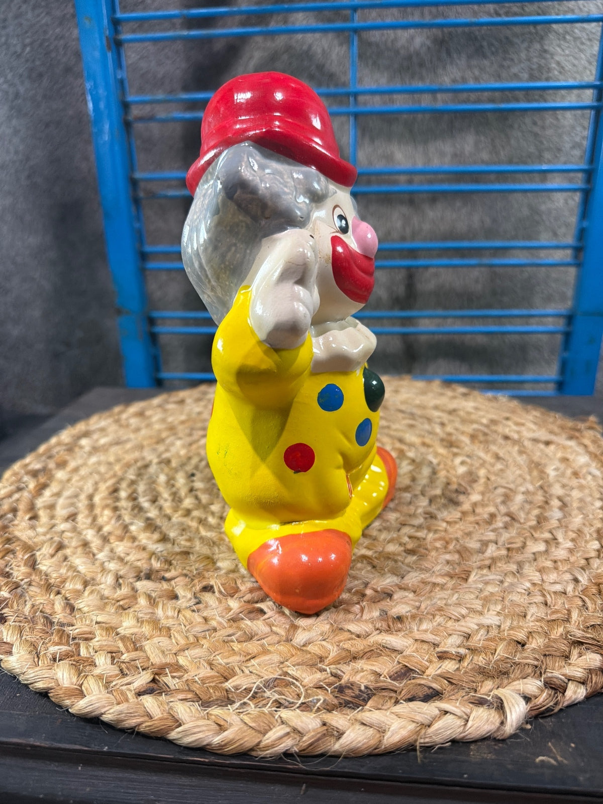 Vintage Ceramic Clown Coin Bank with Red Hat and Yellow Outfit