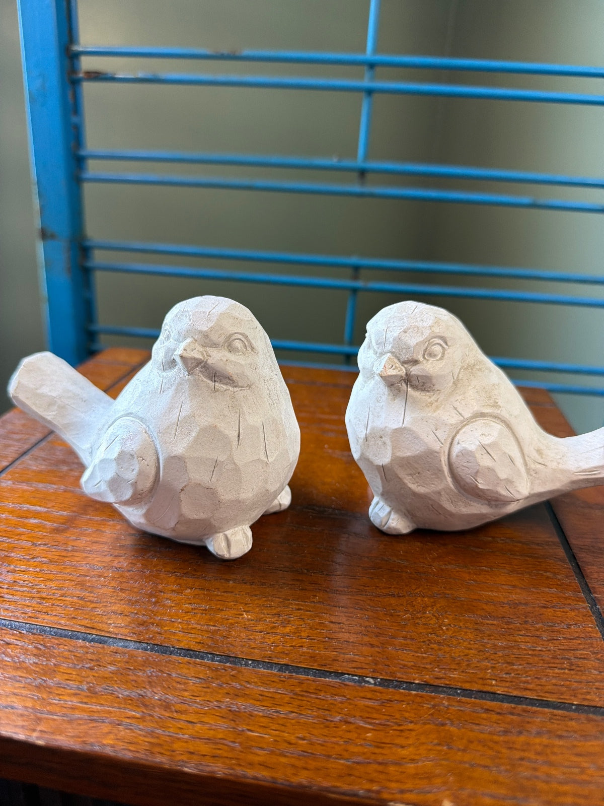 Hand-Carved White Wooden Bird Figurines Set of 2