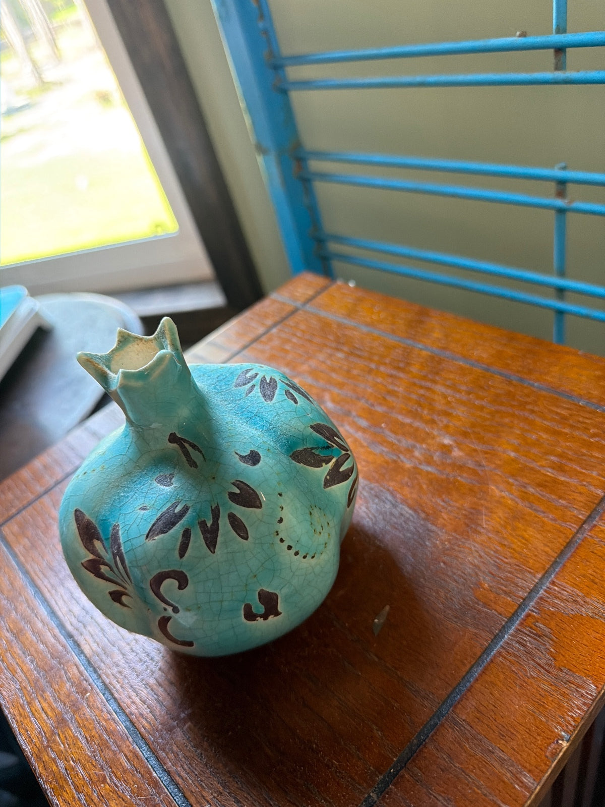 Turquoise Ceramic Pomegranate Art Vase with Brown Floral Design