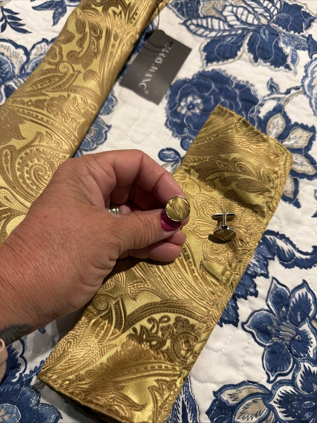 Barry Wang Gold Paisley Tie and Cufflinks Set