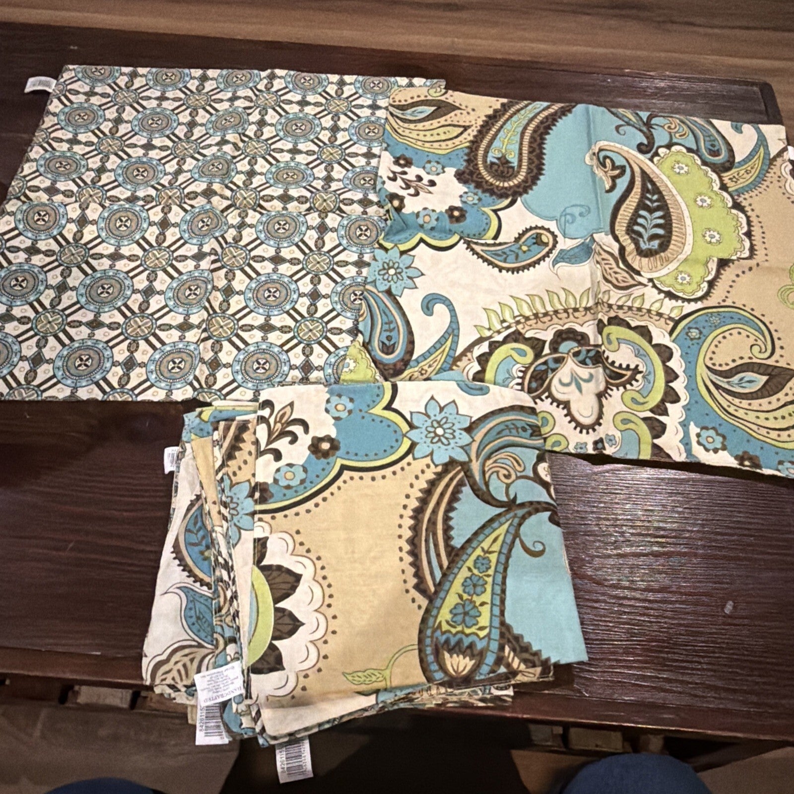 Set of 8 Napkins Green Brown and Teal Color Linen Napkins 17x17