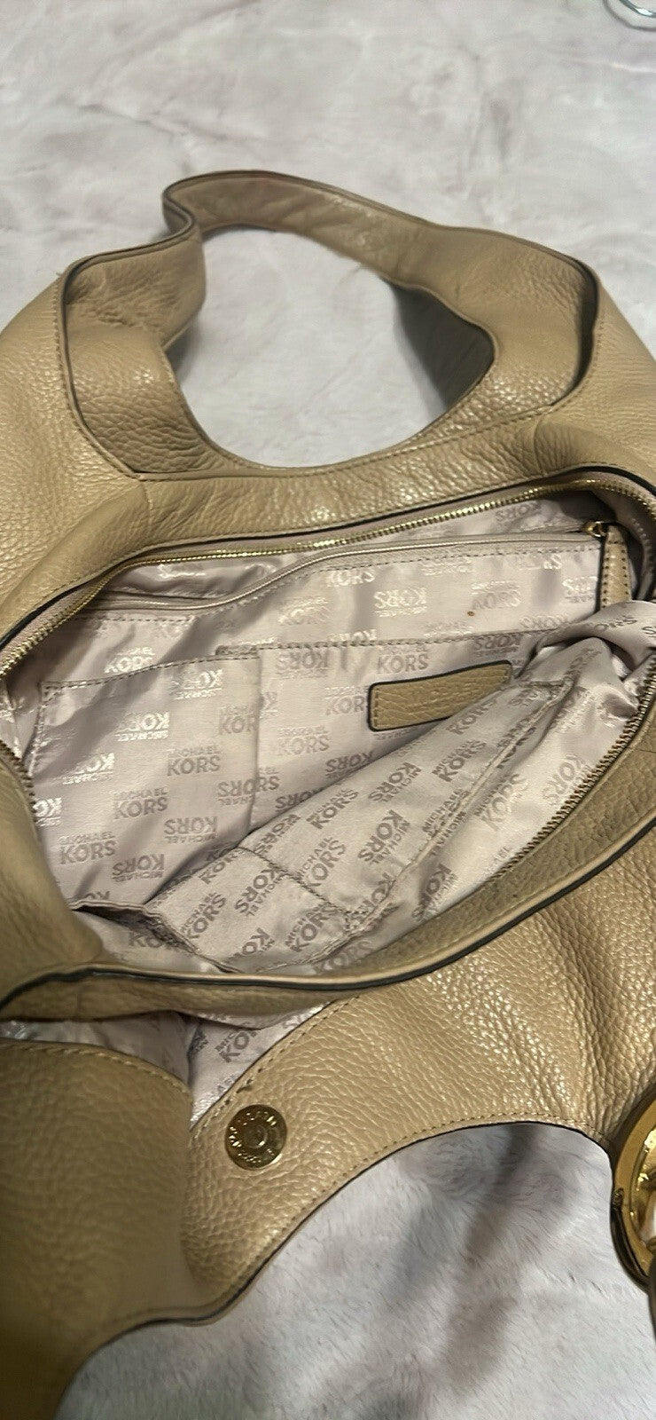 Michael Kors Beige Leather Hobo Shoulder Bag with Gold MK Logo