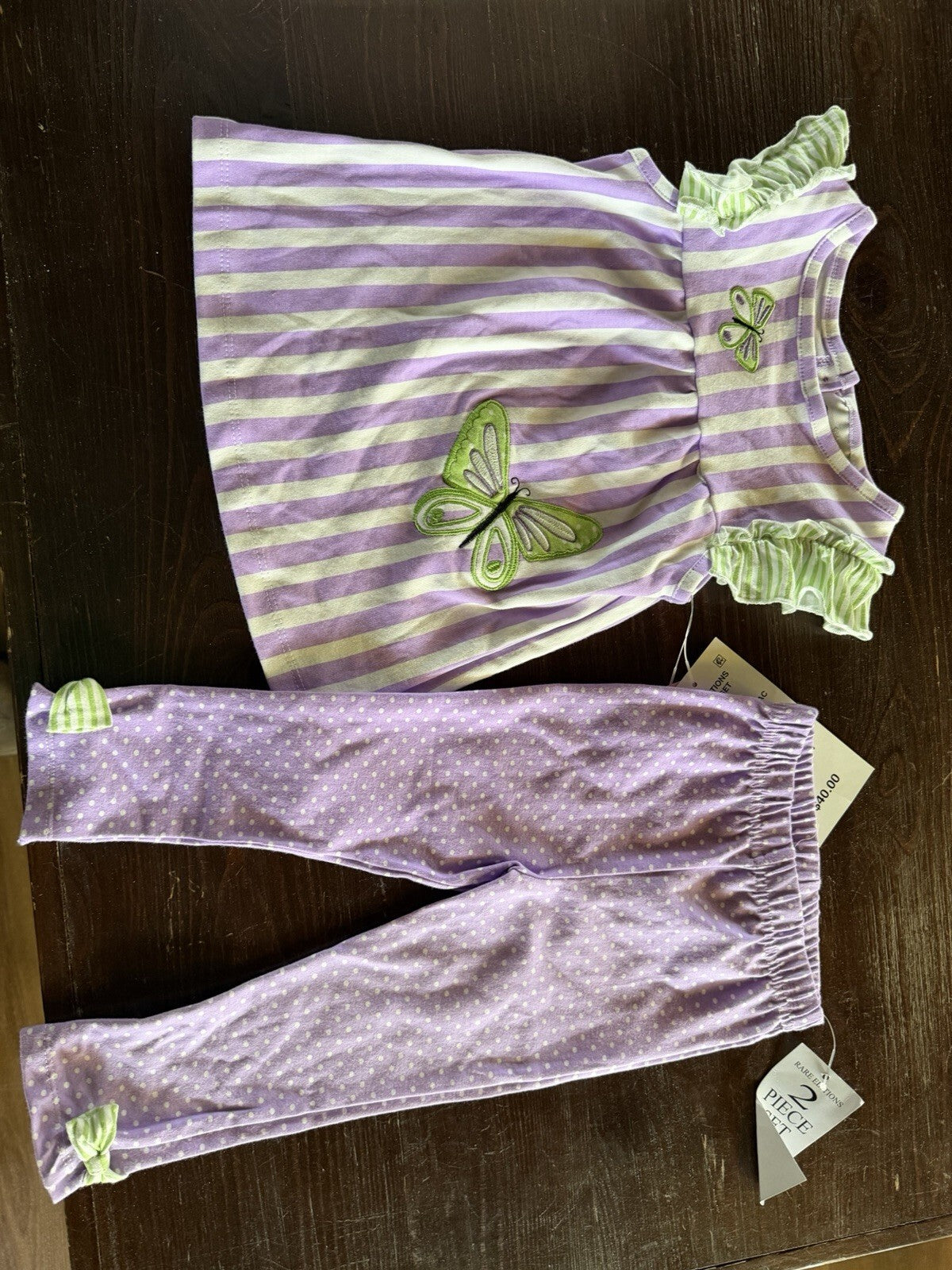 Carter's Baby Girl Purple Striped Dress with Butterfly Appliques and Matching Polka Dot Leggings