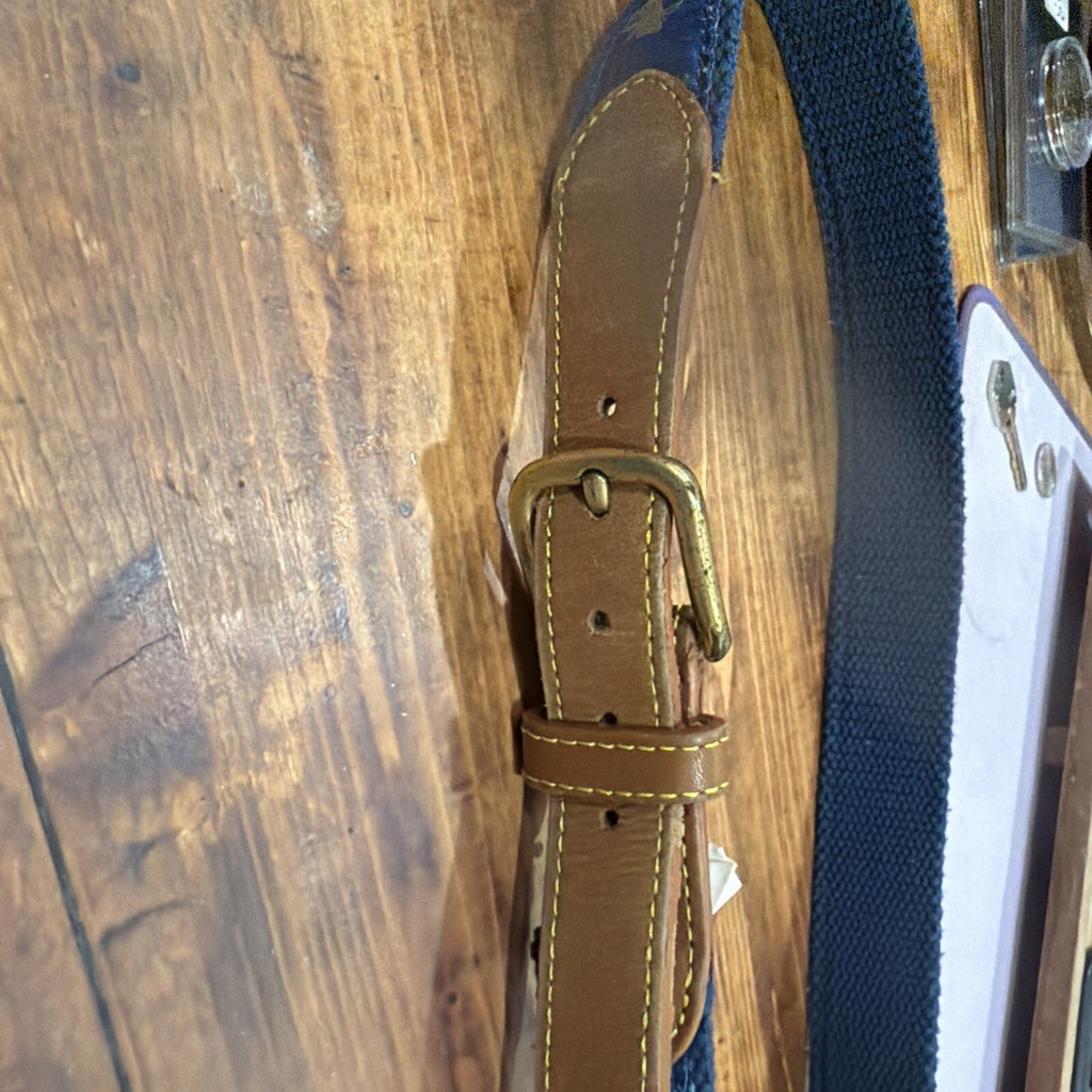Navy Blue Canvas and Leather Belt with Car and Moon Pattern