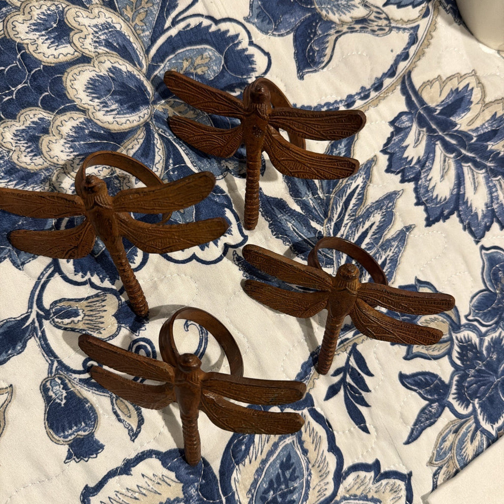 Set of (4) Rustic~Detailed~Cast Metal DRAGONFLY Napkin Rings~Excellent condition