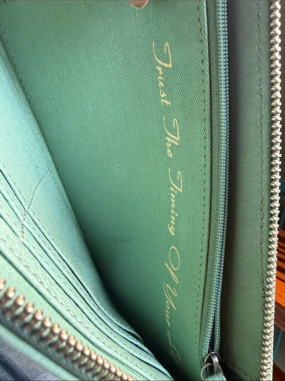 STS Blue Leather Zip Wallet with Decorative Stitching