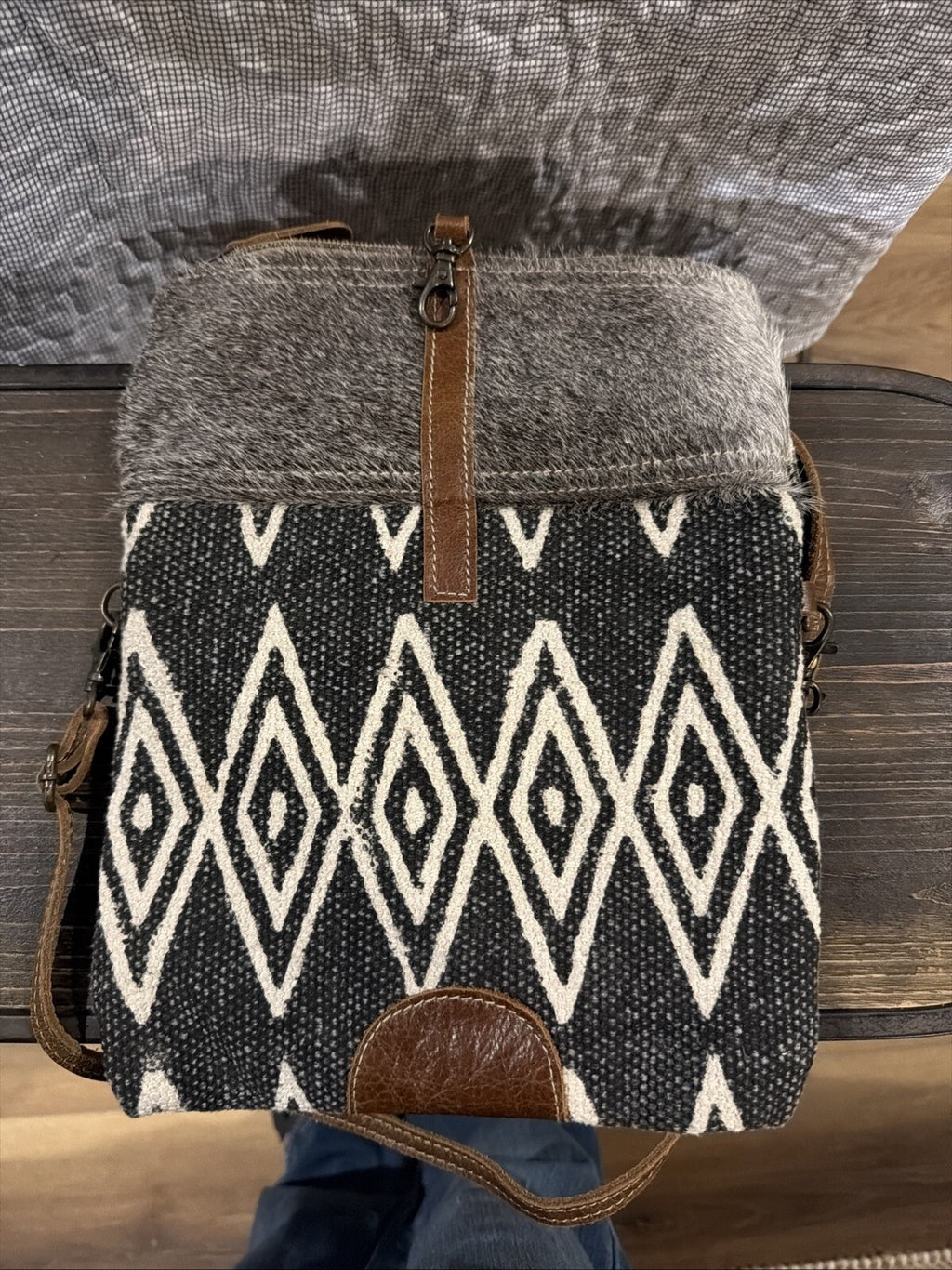 Myra Bag Black and White Geometric Crossbody Bag with Leather Strap