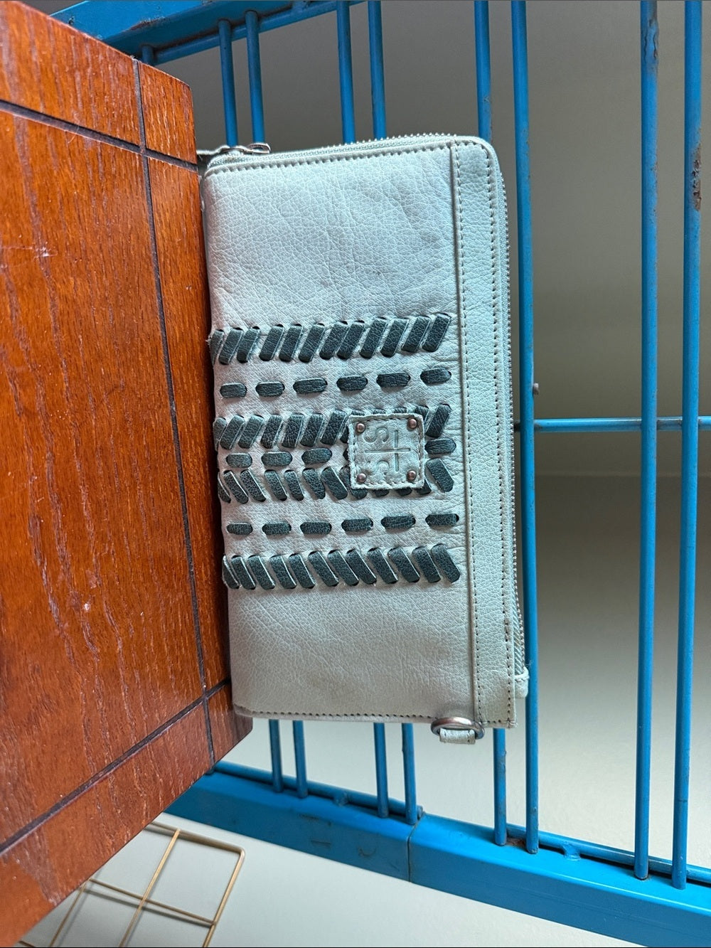 STS Blue Leather Zip Wallet with Decorative Stitching